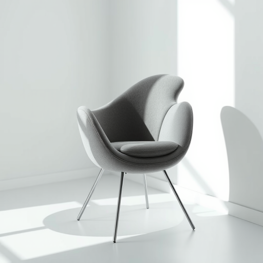 Generate a detailed and realistic image of a modern chair in a minimalistic style, with soft natural lighting, using a DSLR camera with a 50mm lens, f/2.8 aperture, ISO 200, and a slight angle view to emphasize the design and contours of the chair.