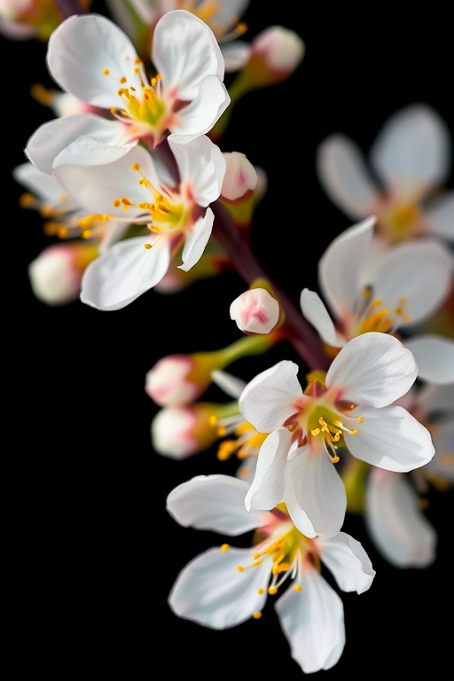 Capture a close-up of a blooming cherry blossom branch with white flowers and yellow stamens against a black background, using a macro lens with an aperture of f/2.8, ISO 100, shutter speed of 1/200 seconds, and a Canon DSLR camera to enhance image clarity and detail.