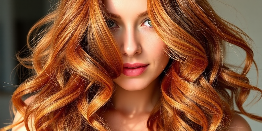 Elegant auburn tresses cascade in loose waves, framing a delicate face with soft curls that shimmer like copper in the sunlight, creating a romantic and feminine hairstyle called "Sunset Cascade"