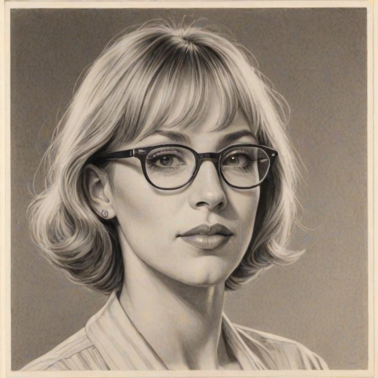 Fetching Debbie Gibson, pencil sketch, portrait of Sublime woman 1931s in glasses, hair style beatnik, outline, clear lines, fine lines, 8k