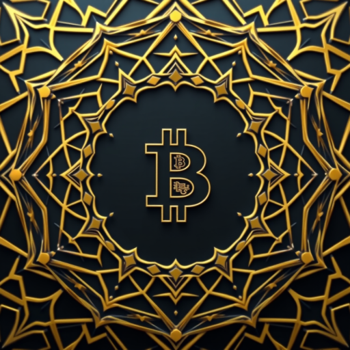 Create a high-resolution digital illustration of a Bitcoin symbol centered in an intricate black and gold geometric background, 50mm lens, f/2.8 aperture, ISO 100, 1/250 sec shutter speed, top-down view, using a DSLR camera.