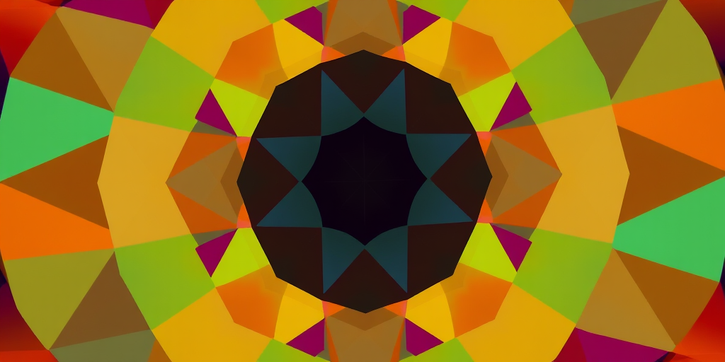 Create a high-resolution image of an abstract geometric pattern with vibrant colors, shot with a DSLR camera, 50mm lens, f/1.8 aperture, ISO 100, and using a top-down view to enhance details and clarity.