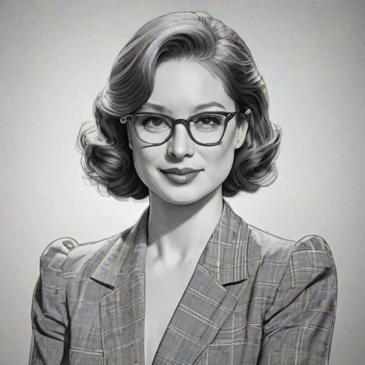 Exquisite Ellie Kemper, pencil sketch, portrait of Elegant woman 1940s in glasses, hair style beatnik, outline, clear lines, fine lines, 8k