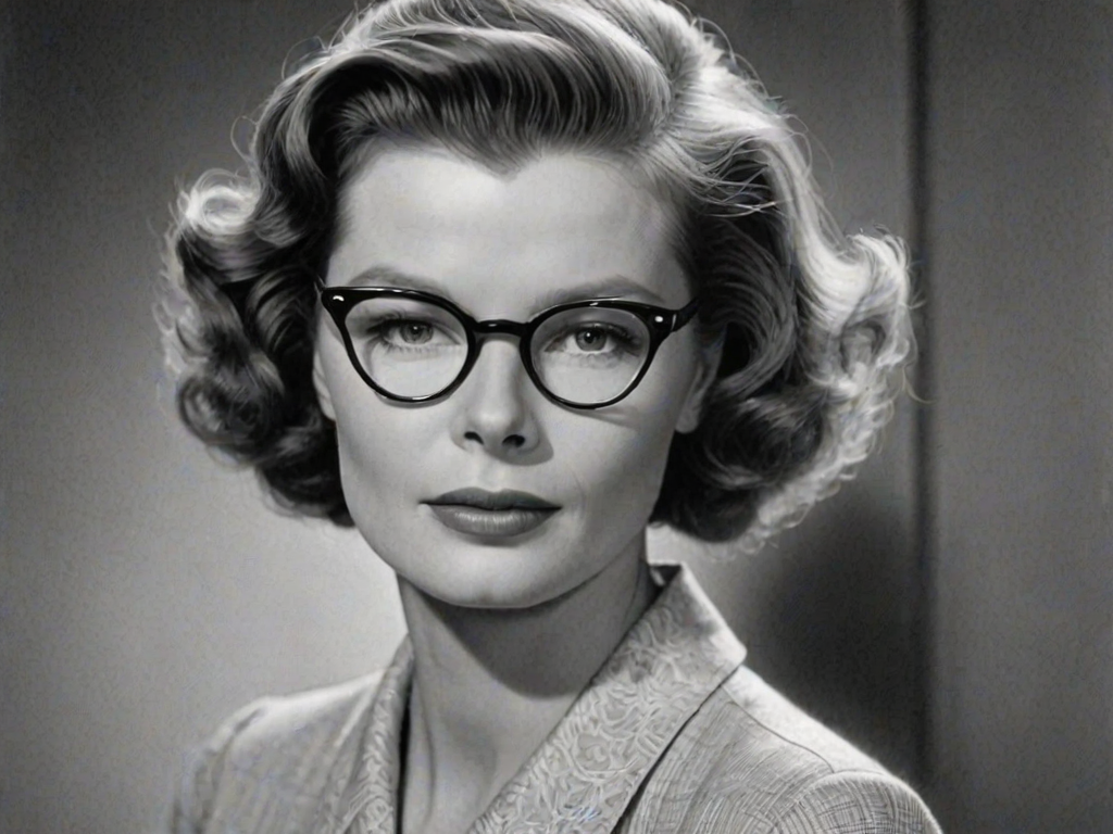 Magnificent Katharine Hepburn, pencil sketch, portrait of Bewitching woman 1933s in glasses, hair style beatnik, outline, clear lines, fine lines, 8k