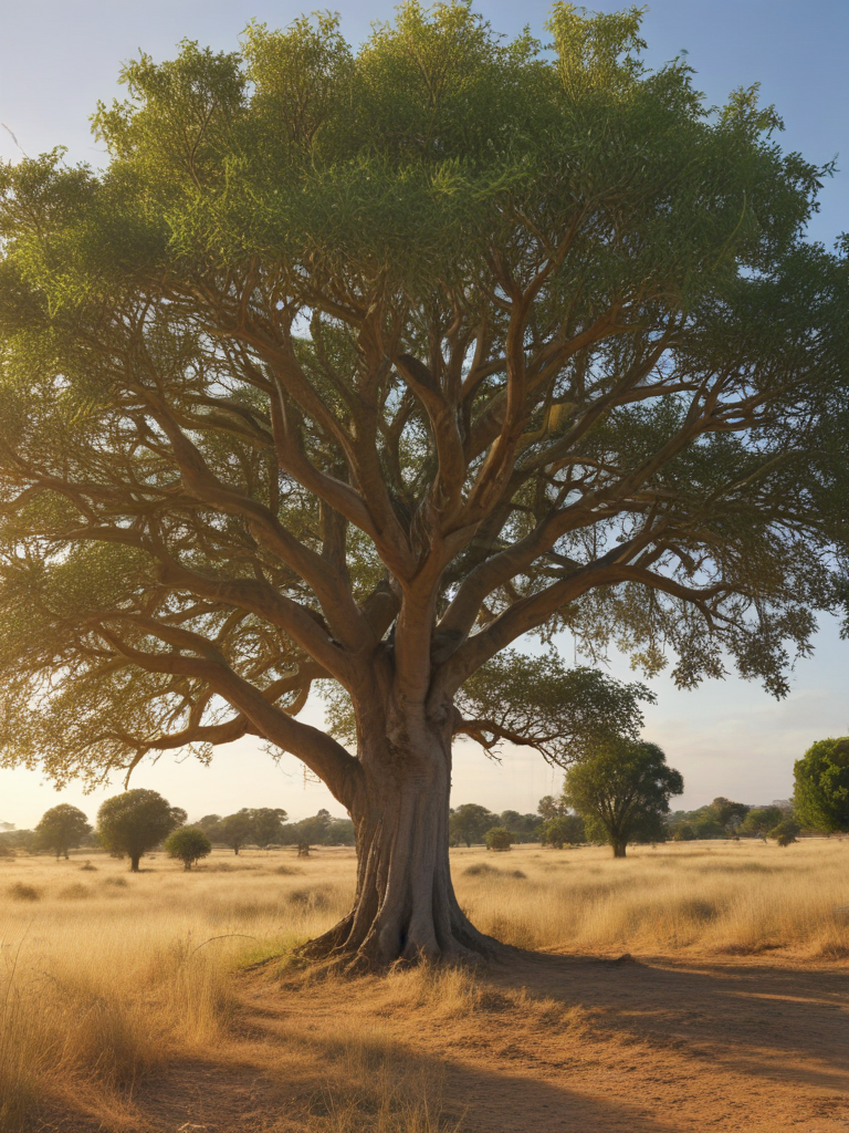 Majestic Tree Standing Tall Amidst Golden Grassland Under a Clear Sky.