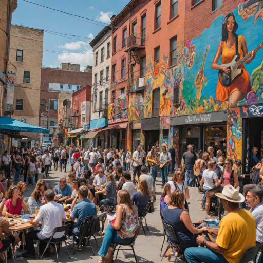 Lively street corner, with a musician playing guitar, people gathering around to listen, and vibrant murals decorating the walls, creating a vibrant urban scene.