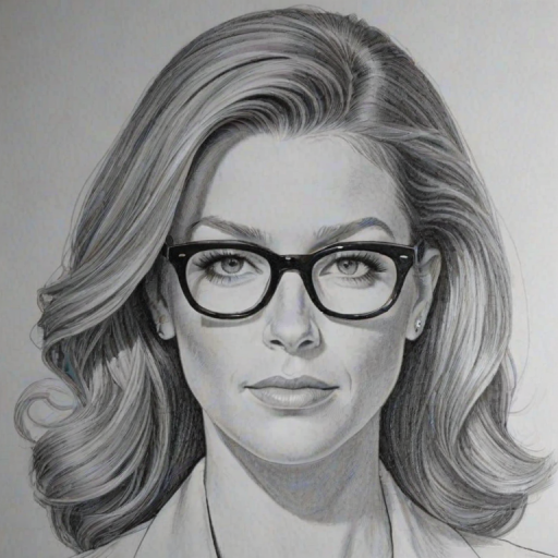 Sublime Poppy Montgomery, pencil sketch, portrait of Superb woman 1952s in glasses, hair style beatnik, outline, clear lines, fine lines, 8k