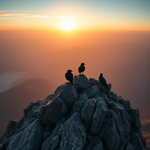 Capture a dramatic landscape of a rocky hilltop with two birds perched on the rocks, shot during golden hour with a DSLR camera, 50mm lens, f/8 aperture, ISO 100, and a slight tilt-shift perspective for depth.