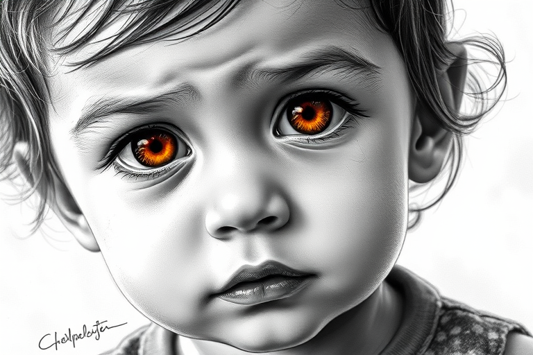 A hyperdetailed photorealistic black and white sketch of a beautiful toddler with deep orange eyes, with a macro focus