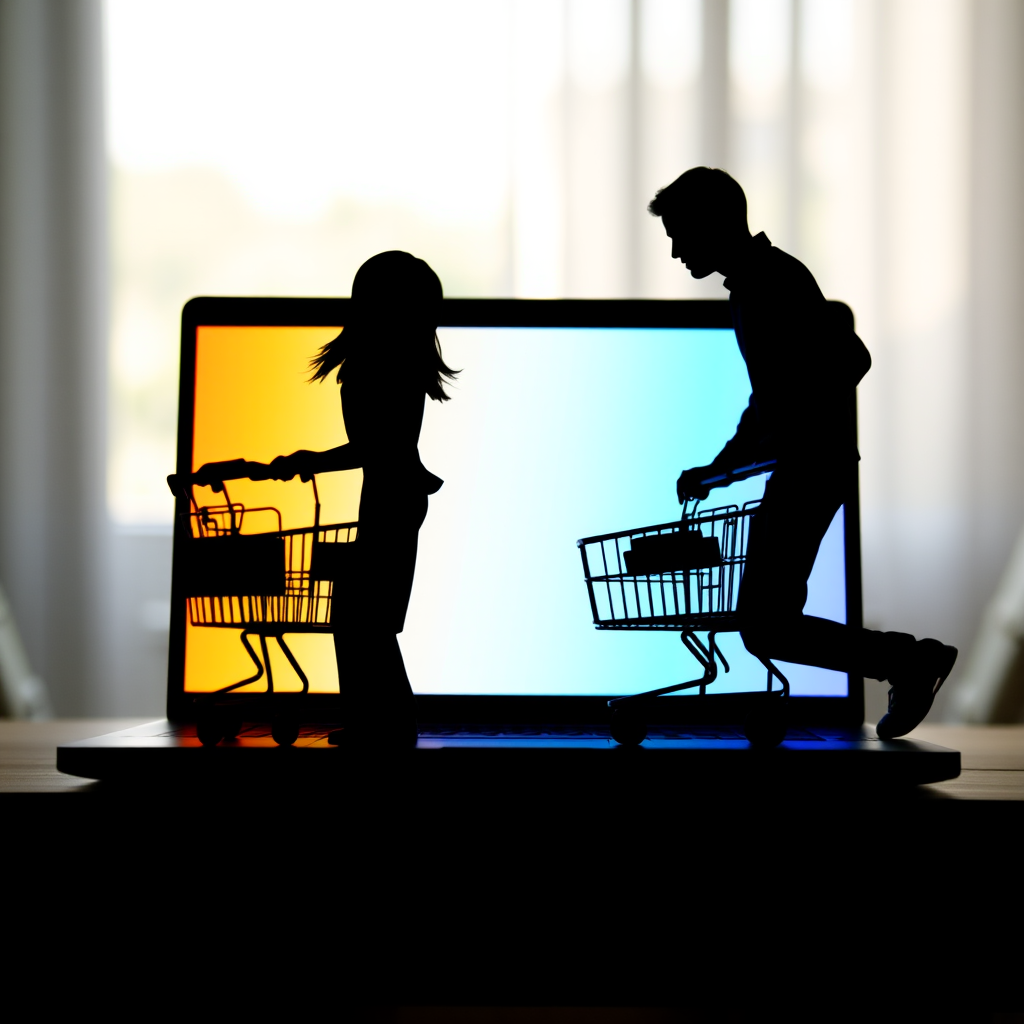 Create an image of two silhouettes, one female and one male, pushing shopping carts out of a brightly colored laptop screen, using a Canon EOS R5 camera with a 50mm f/1.2 lens, aperture set to f/2.8, ISO 100, natural light, and a soft focus background for depth.