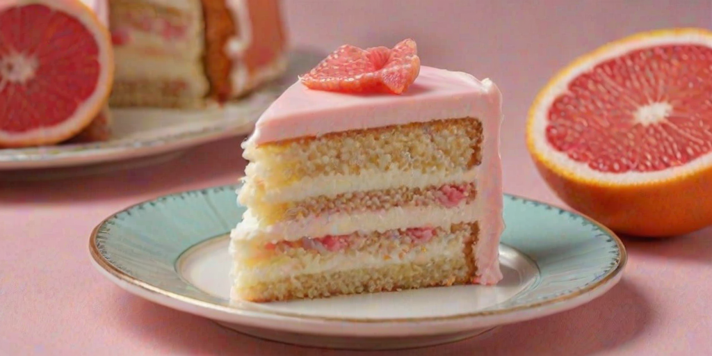 Generate an image of a slice of cake on a decorative plate. The cake should have layers filled with a light pink fruit filling and be topped with a smooth white frosting. Add a slice of pink grapefruit on top of the frosting for decoration. The background should be softly blurred to focus on the cake.