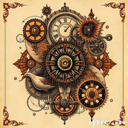 Steampunk-inspired tattoo artwork called "Clockwork Dreams" featuring intricate gears cogs and mechanical elements combined with Victorian-era motifs rendered in rich sepia and copper tones
