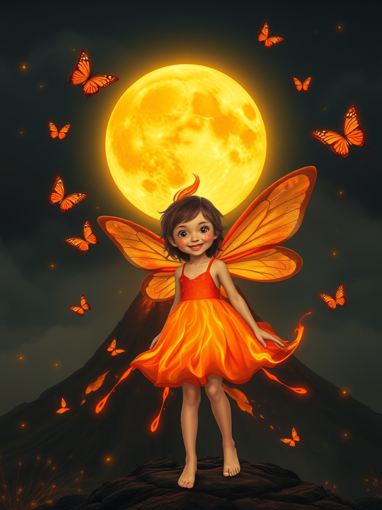 flame fairy, freckled, huge yellow moon hanging over volcano, fire glowing butterflies, fireflies, fire in background, wide smile, transparent fire dress, barefoot, smog