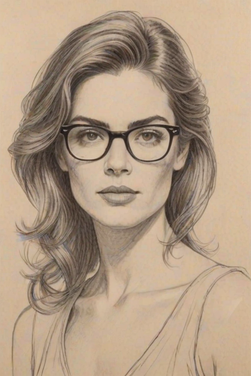 Fetching Amelia Heinle, pencil sketch, portrait of Fetching woman 1978s in glasses, hair style beatnik, outline, clear lines, fine lines, 8k