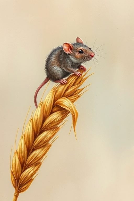 Soft, muted Alcohol Ink with ebru effect background image of tiny whimsical rat, who climbed high on the top of a golden rye ear.