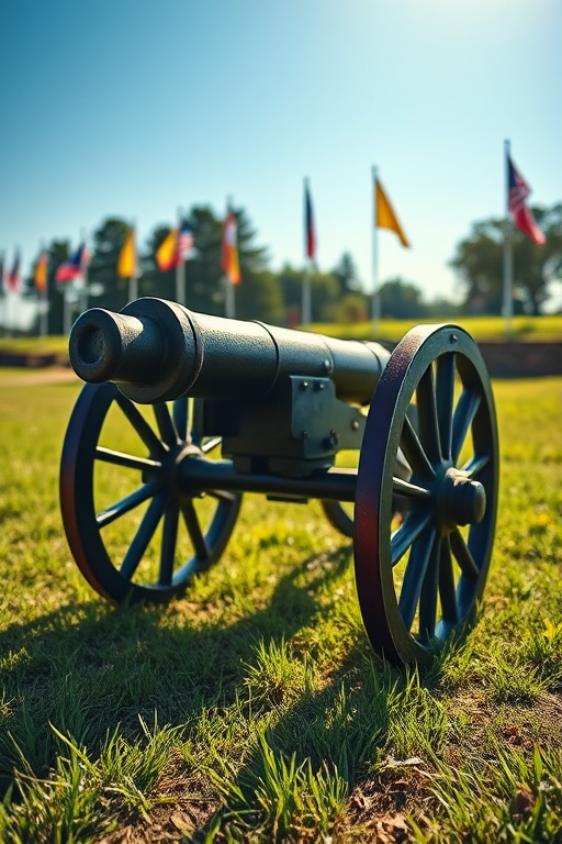vintage cannon on a grassy field with flags in the background, taken with a DSLR camera, 50mm lens at f/4, ISO 100, shot from a low angle for dramatic effect, bright sunlight with vivid colors, sharp focus on the cannon, soft background blur