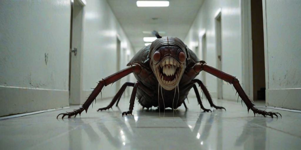 a crooked male with long arms and a creepy smile is crawling along a long white corridor and you can also see cockroaches in it there is a creepy atmosphere creepy art style