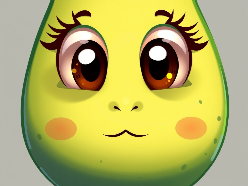Create a detailed cartoon-style illustration of a cute anthropomorphic avocado with big expressive eyes and a small smile, using a vibrant color palette, captured in a digital art style, with soft lighting, focus settings at f/2.8, ISO 100, and a resolution of 300 DPI.