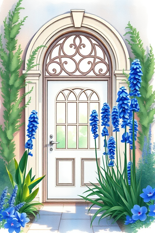 Create a vibrant watercolor artwork of a garden entrance with tall blue flowers surrounding an ornate, arched window, captured with a DSLR camera, 50mm lens, f/1.8 aperture, ISO 100, shot in natural light from a high angle to enhance details and colors.