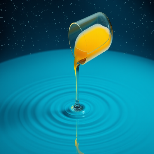 create a minimalist digital artwork of a wine glass pouring yellow liquid into a tranquil blue water surface with concentric ripples, set against a starry night sky, use a Canon EOS R5 camera with a 50mm f/1.8 lens, aperture set to f/2.8, ISO 100, 1/125sec exposure, shoot from a top-down perspective with a vibrant color palette and soft focus on the background to enhance depth