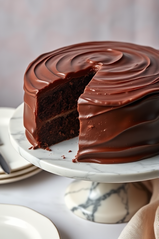 A delicious chocolate cake with smooth chocolate frosting on a marble cake stand, showing a slice cut out revealing its moist texture, surrounded by elegant plates and a soft blurred background.
