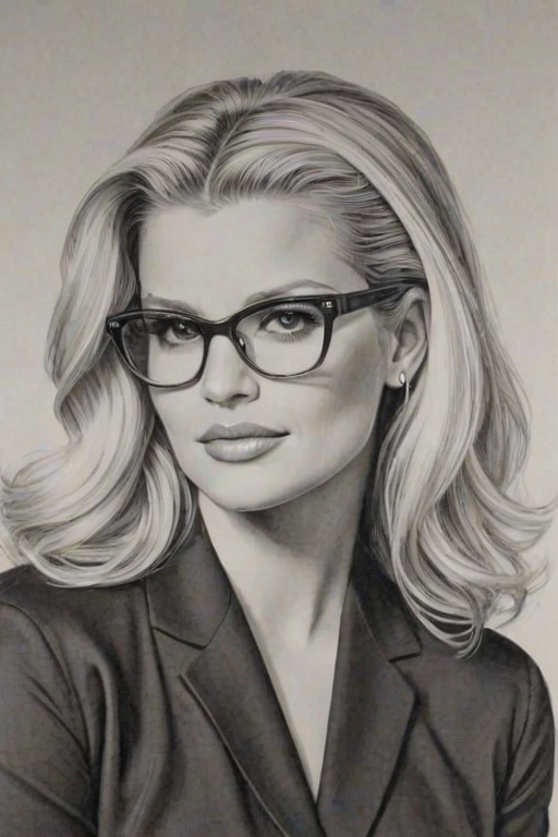 Elegant Jessica Simpson, pencil sketch, portrait of Delightful woman 1952s in glasses, hair style beatnik, outline, clear lines, fine lines, 8k