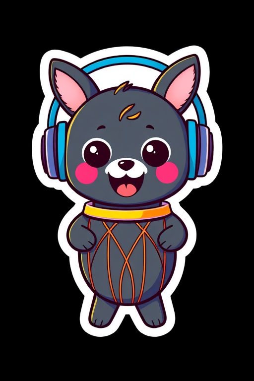 generate sticker, Happy Colorful Bongo wearing Headphones, kawaii, contour, vector, black background