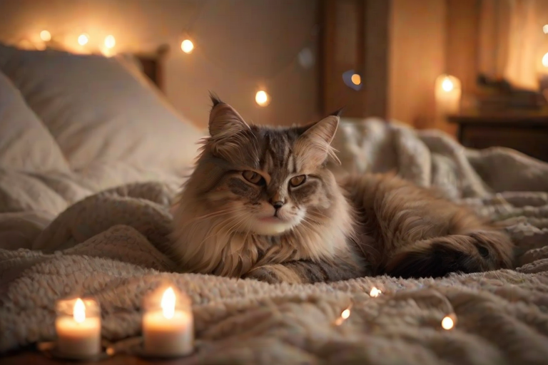 a cozy bedroom scene featuring a fluffy cat sleeping peacefully on a textured blanket, with soft, warm lighting from candles and fairy lights in the background