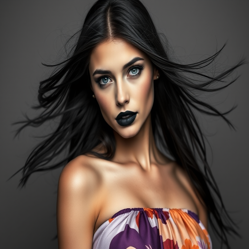 Photographic image of a beautiful young Native American woman, blue eyes, lips with black lipstick, long hair fluttering in the wind and wearing a silk strapless dress with a soft purple and orange print. monochrome image with only color highlights in the iris of the eyes, lipstick and dress. Gray background.
