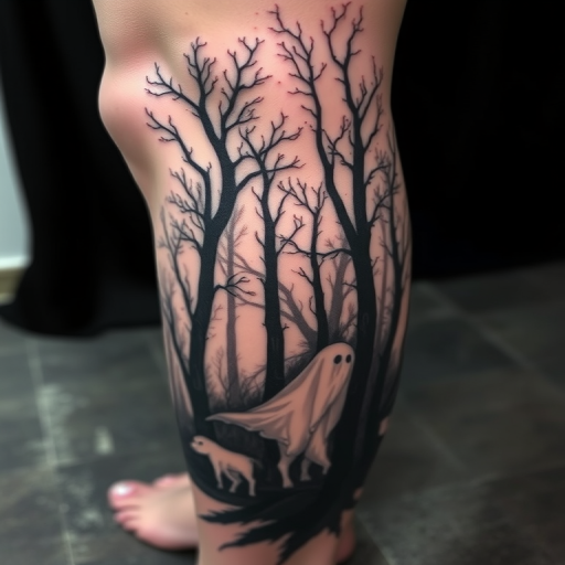 Haunting body tattoo of a ghostly forest scene wrapping around the calf, executed in a unique white-on-black style with ethereal wisps and shadowy figures
