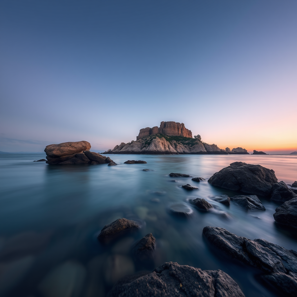 capture a serene landscape of a rocky island at sunset with calm waters in the foreground and a gradient sky, use a Canon EOS R5 with a 24mm lens, aperture f/8, ISO 100, shutter speed 1/30s, long exposure to enhance the smoothness of the water, taken from a low angle for depth and perspective