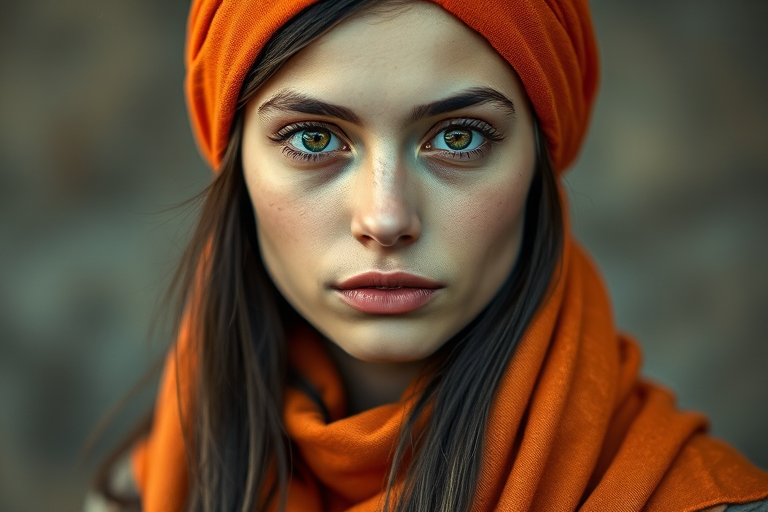 Create a portrait of a young Caucasian woman with long, dark hair and captivating hazel eyes. She is wearing a orange headscarf and a matching scarf draped gracefully around her neck. The background is softly blurred, focusing attention on her serene and natural expression. The overall color palette is muted and warm, enhancing the intimate and authentic feel of the portrait.