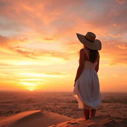 Sunset over a sprawling desert, the sky ablaze with orange and pink hues, a woman in a wide-brimmed hat stands on a sand dune, gazing out over the endless horizon.