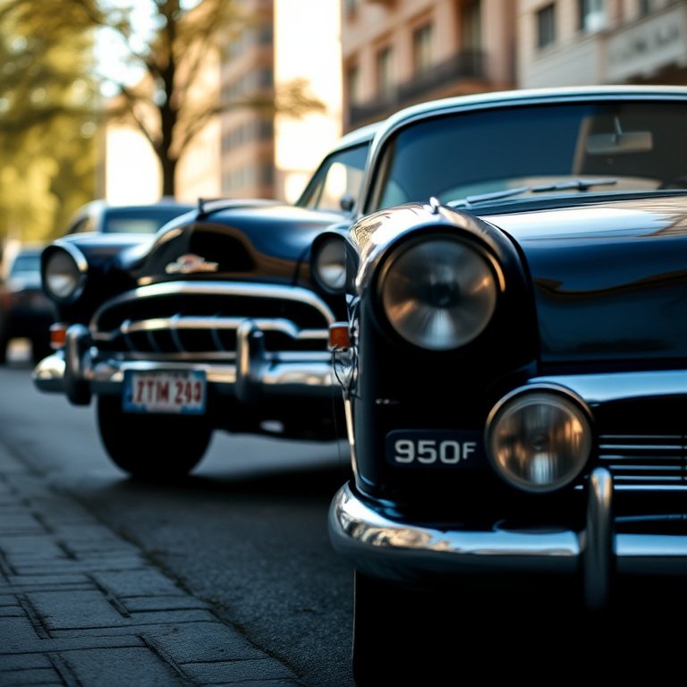 classic car parked on a street under soft natural lighting, taken with a DSLR camera, 50mm lens, f/2.8 aperture, ISO 100, and a shallow depth of field for background blur.