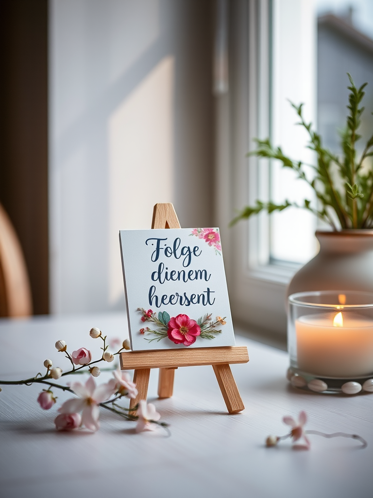 capture a softly lit interior scene featuring a small easel with a decorative card that says "Folge deinem Herzen" surrounded by delicate floral accents, use a 50mm lens at f/2.8, ISO 200, shutter speed 1/60 sec, natural light from a nearby window, shallow depth of field, shot from a slightly elevated angle with a shallow focus on the card and a blurred background to enhance image quality