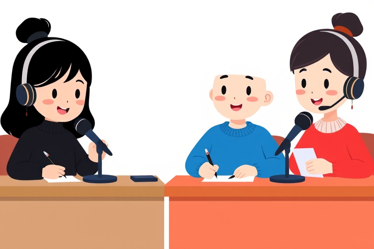 Illustration of four cartoonish characters at desks with microphones, each wearing different colored sweaters (black, red, blue, and white), holding pens and papers, flat design, vector art, high resolution, 300 DPI, shot in portrait orientation, using a Canon EOS R5 with a 50mm lens, aperture set to f/1.8, ISO 200, soft lighting for clear detail and vibrant colors.