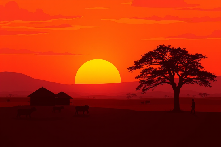 Create a digital illustration of a sunset landscape featuring a silhouette of huts, a tree, grazing livestock, and a person, using a wide-angle lens with a f-stop of 8, ISO 100, and a focal length of 24mm, in a vibrant color palette to enhance image quality and depth.