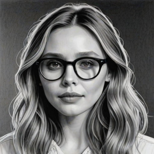 Stunning Elizabeth Olsen, pencil sketch, portrait of Comely woman 1977s in glasses, hair style beatnik, outline, clear lines, fine lines, 8k