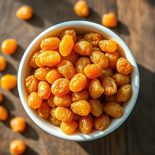 Create an image of a bowl filled with golden raisins, overhead view, natural lighting, aperture f/4, ISO 100, 50mm lens, shallow depth of field to enhance details and colors.