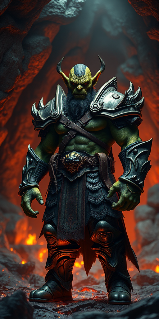 create a highly detailed fantasy scene of a fierce green orc warrior in intricate armor standing in a fiery, cave-like environment with glowing embers around him, captured with a DSLR camera at f/2.8 aperture, ISO 400, 50mm focal length, shot from a low angle to emphasize his muscular build, using dramatic lighting to enhance the textures of the armor and setting.