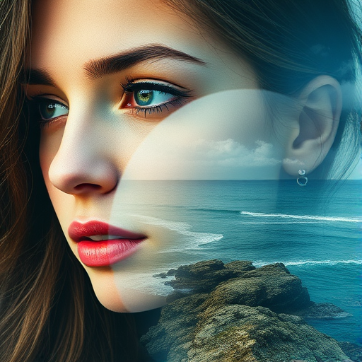 this photo is Book cover, A surreal double exposure portrait that blends a woman's face with a beautiful seascape. The overall mood is dreamy and mystical, with rich colors and intricate details