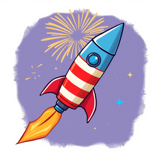 Create a vibrant illustration of a cartoon-style firework rocket with a blue pointed tip and red and white striped body, using a Canon EOS R5, 50mm lens, f/1.8 aperture, 1/200 sec shutter speed, and vibrant color palette for enhanced image quality.