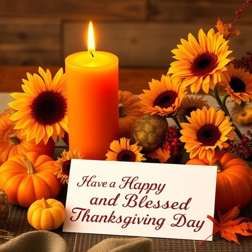 Create an image of a warm Thanksgiving scene featuring a lit orange candle surrounded by sunflowers, small pumpkins, red berries, and autumn leaves. Include a white card with elegant text that reads Have a Happy and Blessed Thanksgiving Day. The background should have a cozy, rustic wooden table setting.