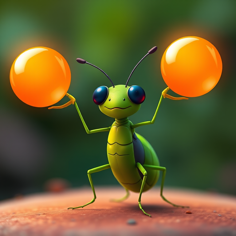 Create a vibrant, cartoon-style image of a green insect juggling two glowing orange spheres, using a high-resolution digital art style with a focus on smooth lines and bright colors, captured with a DSLR camera at f/2.8, ISO 100, and a 50mm lens for a sharp depth of field.