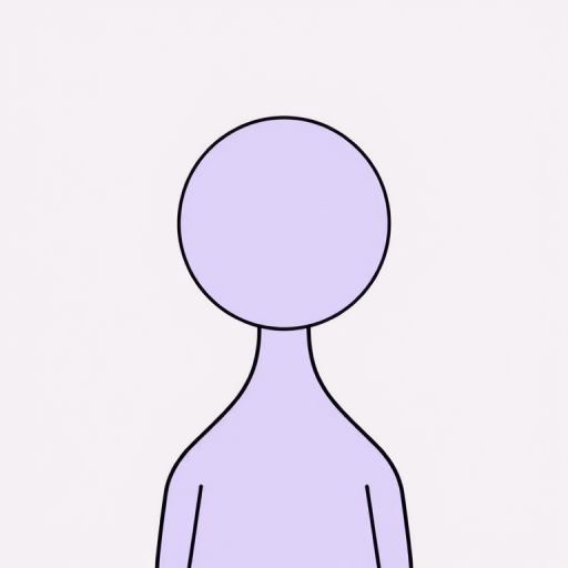 Create a minimalist vector-style illustration of a human figure with a round head and a simplified body shape, using a soft lavender color for the head and a thick black outline, with a clean studio lighting setup, captured using a DSLR camera at f/4, 1/125s shutter speed, ISO 100, from a straight-on viewpoint with a shallow depth of field.