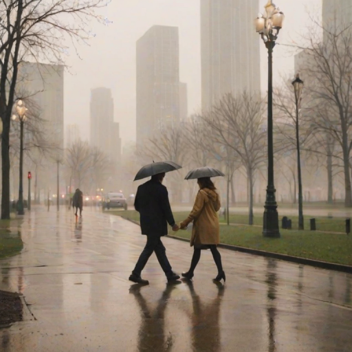 Blurry candid shot of a couple walking through a city park in the rain, soft golden light from nearby streetlamps reflecting off the wet pavement, with distant skyscrapers barely visible through the mist.