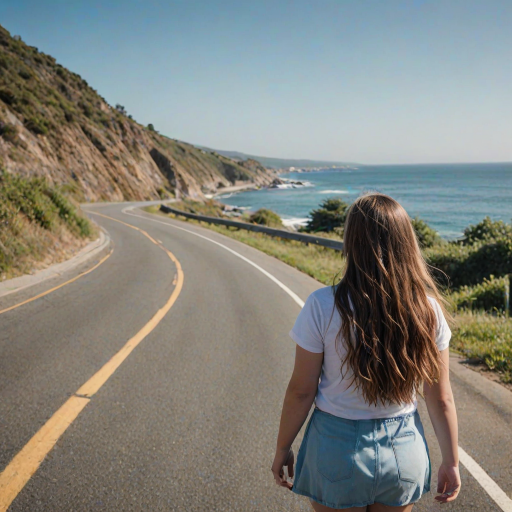 Wide-angle shot of a coastal road leading down to a calm blue ocean. A chubby high school girl with long hair, blown gently by the ocean breeze, walks along the road, looking to the viewers with. Enhanced contrast, and a soft focus on the horizon. Use a DSLR camera with a 24mm lens at f/5.6
