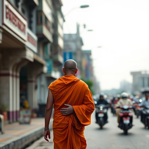 Capture a serene monk in an orange robe walking along a bustling street, with motorcycles in the background under a soft, overcast sky, using a Canon EOS R with a 50mm f/1.8 lens, aperture set to f/2.8, ISO 200, shutter speed 1/200s, taken from a slightly elevated angle for depth and focus on the monk.