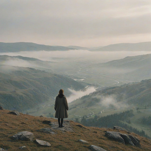 Foggy hilltop overlooking a valley, a woman stands at the edge, her coat flapping in the wind, staring at the vast expanse of land stretching out below.