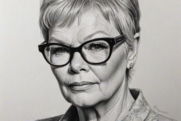 Gorgeous Judi Dench, pencil sketch, portrait of Bewitching woman 1971s in glasses, hair style beatnik, outline, clear lines, fine lines, 8k
